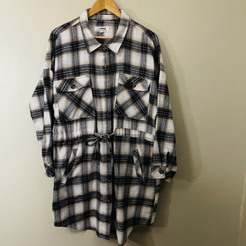 Ci Sono Flannel Long Shirt Dress Shacket‎ Button Up Drawstring Western Size XL